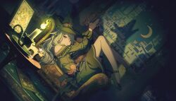  1girl black_gloves candle colorful_palette crescent dress earrings fire game_cg gloves green_dress green_hair green_shoes highres jewelry kusanagi_nene long_hair looking_at_viewer official_alternate_costume official_art project_sekai sekijitsu_no_read-aloud_(project_sekai) shadow_puppet shoes solo third-party_source violet_eyes 