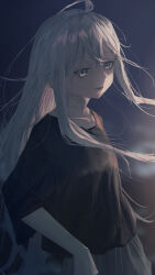  1girl absurdres black_shirt breasts commentary_request from_side highres kani_etizen03 leaning_back long_hair long_sidelocks looking_to_the_side messy_hair night open_mouth original pants partially_shaded_face shirt sidelocks sky small_breasts solo white_eyes white_hair 
