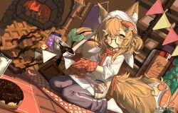  1girl absurdres animal_ear_fluff animal_ears apron baking black_pants blonde_hair bowl bread checkered_carpet chinese_commentary chocolate commentary_request double-parted_bangs doughnut dried_fruit fireplace food food-themed_hair_ornament food-themed_tail_ornament fox_ears fox_girl fox_tail from_side glasses hair_ornament headscarf highres holding holding_plate indoors jar kele_mimi long_sidelocks looking_at_viewer loose_clothes loose_shirt melon_bread no_mouth original oven_mitts pants plate powdered_sugar semi-rimless_eyewear shirt sidelocks socks solo tail tail_ornament under-rim_eyewear waffle waist_apron white_headscarf white_shirt white_socks 