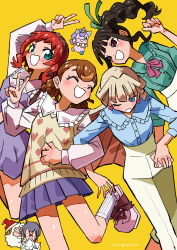 1boy 4girls :d absurdres blonde_hair braid brown_hair chieo commentary_request earrings highres inukai_iroha inukai_komugi jewelry locked_arms long_hair long_sleeves multiple_girls nekoyashiki_mayu nekoyashiki_yuki nico_(wonderful_precure!) orange_hair pants pleated_skirt precure puritan_collar short_hair side_ponytail simple_background skirt smile sweater_vest toyama_daifuku toyama_daifuku_(rabbit) toyama_satoru twin_braids wonderful_precure! yellow_background