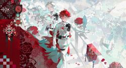  2boys absurdres ahoge aotsuki_eito architecture belt belt_pouch bird black_belt black_hair blue_eyes cape closed_mouth clouds earrings feet_out_of_frame floral_print flower from_above gloves hair_between_eyes highres holding jacket jewelry long_hair long_sleeves male_focus multicolored_hair multiple_boys outstretched_arm pants petals pigeon pouch railing red_flower red_hair red_rose rose rose_print shirt short_hair sky smile stairs standing streaked_hair sumino_takumi the_hundred_line_-last_defense_academy- violet_eyes white_gloves white_hair white_jacket white_pants white_shirt xiya_(_xiyaa_) 