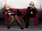  blonde_hair cat couch crossed_legs formal long_hair male pantyhose reclining shiobara_shinichi shiohara_shin'ichi shiohara_shinichi sitting smile sofa suit suits 
