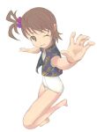  barefoot brown_eyes brown_hair foreshortening futami_ami hair_bobbles hair_ornament hands idolmaster kusobaka one-piece_swimsuit school_swimsuit swimsuit vest wink 