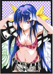  armpits asymmetrical_wings bad_id belt blue_hair bow bra breasts chain chains cleavage cross dizzy gothic guilty_gear hair_bow hair_ribbon heart heart_panties heart_print highleg lingerie long_hair nail_polish panties pink_eyes print_bra print_panties red_eyes ribbon shiina_you_(tomoshibi) shorts tomo_shibi underwear wings 