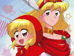  1990s_(style) 2girls :d age_comparison akazukin_chacha blonde_hair blue_background blue_gem bow brown_eyes cape chacha_(akazukin_chacha) child closed_mouth collarbone commentary dual_persona faux_retro_artstyle gem gold_choker gradient_background green_gem hair_tie heart highres long_hair looking_at_viewer magical_girl magical_princess miwijag1997 multiple_girls open_mouth red_bow red_cape red_gem red_hood retro_artstyle shirt short_hair short_sleeves single_shoulder_pad smile star_(symbol) tiara twintails upper_body white_background white_shirt winged_headwear 