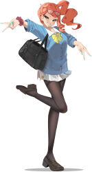  1girl absurdres aqua_eyes aqua_nails bag black_pantyhose blue_cardigan blush bow breasts cardigan collared_shirt commentary_request double_v eyewear_on_head full_body grin gyaru_v hair_ornament heart heart_hair_ornament high_side_ponytail highres long_hair momdy_(talesshinja) official_alternate_costume open_mouth orange_hair pantyhose pokemon pokemon_masters_ex red-framed_eyewear school_bag shirt shoes side_ponytail simple_background skirt smile solo sonia_(academy)_(pokemon) sonia_(pokemon) standing standing_on_one_leg teeth v white_background white_shirt white_skirt yellow_bow 