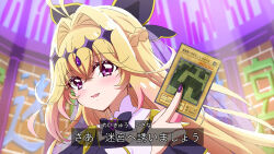  1girl antenna_hair black_bow black_capelet black_dress blonde_hair bow brooch capelet card commentary_request cure_arcana_shadow diamond_hairband dress fingernails frilled_capelet frills gradient_hair hair_intakes heart heart_brooch highres holding holding_card jewelry labyrinth_wall_(yu-gi-oh!) long_hair looking_at_viewer magical_girl meitantei_precure! moria_luluka multicolored_hair nail_polish open_mouth precure purple_nails purple_wrist_cuffs rocktaso_co_ltd solo upper_body veil violet_eyes wrist_cuffs yu-gi-oh! 