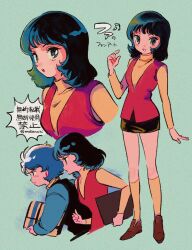  1boy 1girl :o aqua_background artist_name beamed_eighth_notes black_hair black_jacket blue_eyes blue_hair briefcase brown_shoes brown_skirt commentary_request cropped_torso fa_yuiry from_side full_body gundam hand_up highres jacket kamille_bidan kneehighs letterman_jacket long_sleeves miniskirt mokenochi multiple_views musical_note parted_lips profile red_vest school_briefcase shirt shoes short_hair skirt smile socks standing translation_request turtleneck turtleneck_shirt twitter_username vest yellow_shirt yellow_socks zeta_gundam 
