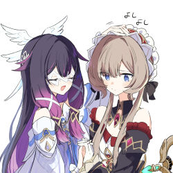  2girls black_bow black_dress black_hair blue_eyes blush bonnet bow brown_hair closed_eyes closed_mouth colored_inner_hair columbina_(genshin_impact) commentary_request detached_collar detached_sleeves dress eye_mask frilled_sleeves frills gem genshin_impact gloves hair_bow hair_flaps hair_ornament hand_on_another's_head headpat highres interlocked_fingers long_hair long_sidelocks mask multicolored_hair multiple_girls multiple_wings open_mouth purple_hair purple_streaks red_gem reinoni sandrone_(genshin_impact) see-through_clothes see-through_mask short_hair_with_long_locks sidelocks simple_background streaked_hair upper_body very_long_hair white_background white_dress white_gloves white_headdress white_mask winding_key wing_hair_ornament wings wrist_bow x-shaped_eyewear 
