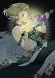  1girl armlet armpit_crease artist_logo bare_shoulders black_background black_sandals blonde_hair blush bracelet braid broken broken_sword broken_weapon choker collarbone commentary_request crown_braid dated decayed_master_sword dress earrings english_commentary eyelashes fingernails foot_out_of_frame forehead_protector glowing glowing_sword glowing_weapon green_eyes highres holding holding_sword holding_weapon jewelry logo looking_at_object magatama magatama_necklace master_sword necklace nose off_shoulder open_mouth parted_lips poch4n pointy_ears pom_pom_(clothes) pom_pom_earrings princess_zelda sandals short_hair sidelocks solo strapless strapless_dress sword the_legend_of_zelda the_legend_of_zelda:_tears_of_the_kingdom tiara weapon white_dress 