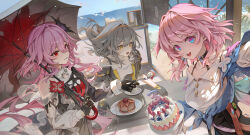  3girls absurdres ai_dongdong anniversary bare_shoulders bird black_coat black_gloves cake chinese_commentary coat commentary_request dual_persona evernight_(honkai:_star_rail) floating_hair food fork gloves grey_hair highres holding holding_fork holding_umbrella honkai:_star_rail honkai_(series) long_hair long_sleeves looking_at_another looking_at_viewer march_7th_(honkai:_star_rail) multicolored_eyes multiple_girls open_clothes open_coat open_mouth outdoors pink_hair red_eyes shirt smile stelle_(honkai:_star_rail) teeth trailblazer_(honkai:_star_rail) umbrella upper_teeth_only white_shirt yellow_eyes 