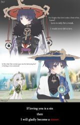  1boy 1girl absurdres aichiroo aiguillette anemo_symbol_(genshin_impact) armlet armor arms_behind_back asymmetrical_sidelocks averting_eyes black_bodysuit black_bridal_gauntlets black_hair black_kimono blue_hat blue_jingasa blue_kimono blue_sleeves blunt_ends blurry blurry_background blush bodysuit braid bridal_gauntlets bright_pupils cape choppy_bangs closed_mouth coat coat_on_shoulders commentary cross-shaped_pupils detached_sleeves dress english_commentary english_text eyeliner fatui_coat feathers fur-trimmed_coat fur_trim furisode game_screenshot_background gem genshin_impact glowing_gem gold gold_trim green_cape green_eyes green_hair green_sleeves hair_ornament half_crown_braid hat highres honkai_(series) honkai_impact_3rd japanese_armor japanese_clothes jewelry jingasa juban kimono kote kurokote lapels layered_sleeves leaf leaf_hair_ornament long_hair looking_at_another looking_at_viewer looking_to_the_side makeup mandarin_collar mitsudomoe_(shape) motion_lines multicolored_hair nahida_(genshin_impact) neck_ring notice_lines o-ring open_clothes open_coat open_mouth oversized_clothes pointy_ears pom_pom_(clothes) purple_gem purple_rope purple_sash red_eyeliner red_hat red_kimono red_sash rope sash scaramouche_(genshin_impact) screenshot_background shimenawa short_sleeves shoulder_peek side_ponytail sidelocks source_quote source_quote_parody streaked_hair sweatdrop symbol-shaped_pupils tareme time_lapse tomoe_(symbol) tsurime turning_head violet_eyes vision_(genshin_impact) wanderer_(genshin_impact) white_coat white_dress white_hair white_kimono white_pupils white_sleeves yellow_feathers 