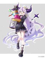  1girl :d absurdly_long_hair ahoge black_boots black_collar black_horns black_jacket boots box braid braided_bangs collar commentary_request crow_(la+_darknesss) demon_horns double-parted_bangs full_body grey_background grey_hair grey_skirt grey_socks holding holding_box hololive hood hooded_jacket horns jacket la+_darknesss lace-up_boots legwear_garter long_hair long_sleeves looking_at_viewer miniskirt multicolored_hair official_art open_mouth pleated_skirt pointy_ears ponytail purple_streaks riichu simple_background single_hair_streak skirt sleeves_past_wrists slit_pupils smile socks solo standing streaked_hair striped_horns tail very_long_hair virtual_youtuber yellow_eyes 