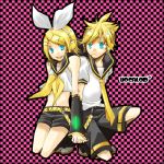  blue_eyes hand_holding holding_hands kagamine_len kagamine_rin logicon lowres siblings twins vocaloid 