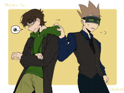  2boys animification annoyed antenna_hair beard_stubble black_coat black_necktie black_pants black_vest blue_shirt border brown_hair chinese_commentary chinese_text coat collared_shirt commentary_request dragging drawstring edd_(eddsworld) eddsworld erbz02 facial_hair future_edd_(eddsworld) future_tom_(eddsworld) green_eyes green_hoodie green_pants hair_behind_ear head-mounted_display highres hood hood_down hoodie jitome lcd long_sleeves male_focus mature_male multiple_boys necktie open_clothes open_coat pants shaded_face shirt short_hair simple_background spiky_hair spoken_squiggle squiggle stubble tom_(eddsworld) translation_request trench_coat vest yellow_background 