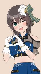  1girl ;d aoi_erika aoi_erika_(brilliant_ultimate_idol) aqua_eyes asymmetrical_sleeves black_hair blue_skirt blush brown_background collared_shirt commentary_request cowboy_shot eyelashes eyes_visible_through_hair flat_color gloves green_ribbon hair_between_eyes hair_ribbon hands_up happy heart heart_hands heaven_burns_red highres idol idol_clothes looking_at_viewer medium_hair midriff mok_kan navel official_alternate_costume one_eye_closed open_mouth pleated_skirt ribbon shirt simple_background single_bare_shoulder skirt smile solo teeth upper_teeth_only white_gloves 