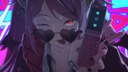  1girl bell black_jacket cellphone collared_shirt demon_girl demon_horns demon_wings flip_phone hair_bell hair_ornament heart heart-shaped_eyewear highres horns ironmouse ironmouse_(school_uniform) jacket jewelry kuroi_enpitsu looking_at_viewer multicolored_hair one_eye_closed phone pink_eyes pink_hair purple_hair purple_streaks ring shirt smile streaked_hair sunglasses tongue tongue_out twintails virtual_youtuber vshojo white_horns white_shirt wings 