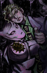  1boy b_l_ililil blonde_hair blue_eyes cheekbones diamond_wa_kudakenai formal_clothes highres jojo_no_kimyou_na_bouken killer_queen kira_yoshikage male_focus necktie nervous_sweating pinstripe_pattern pinstripe_shirt purple_suit shirt skull_print stand_(jojo) suit sweat thumbs_up 