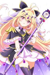 1girl absurdres antenna_hair black_bow black_bowtie black_capelet black_dress blonde_hair blush bow bowtie capelet commentary_request crossed_bangs crouching_start cure_arcana_shadow diamond_hairband dress frilled_dress frills gem gradient_hair hair_between_eyes hair_intakes head_tilt heart-shaped_gem highres holding holding_staff index_finger_raised looking_at_viewer mage_staff magical_girl meitantei_precure! moria_luluka multicolored_hair open_mouth pink_hair precure purple_gem simple_background solo staff upper_body violet_eyes 