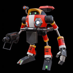  3d arm_cannon black_background commentary e-102_gamma english_commentary firing gatling_gun green_eyes gun highres holding holding_gun holding_weapon humanoid_robot looking_ahead looking_at_viewer mecha missbiancaart no_humans non-humanoid_robot open_hand protected_link reflection robot science_fiction shoulder_cannon simple_background solo sonic_(series) sonic_adventure standing walker_(robot) weapon 