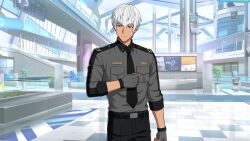  1boy belt black_belt black_necktie black_pants blue_eyes breast_pocket closed_mouth collared_shirt cowboy_shot dark-skinned_male dark_skin fingerless_gloves game_cg gloves grey_shirt happy_elements helios_rising_heroes highres indoors male_focus necktie non-web_source official_art oscar_bale pants plant pocket potted_plant shirt short_hair solo standing tile_floor tiles white_hair 