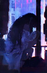  1girl absurdres black_hair can cat commentary dated_commentary fore_(va-11_hall-a) from_behind glitch highres holding holding_can jill_stingray long_hair rnna shirt solo va-11_hall-a white_shirt 
