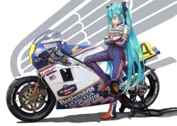  1girl aqua_eyes aqua_hair biker_clothes bikesuit black_bow bodysuit bow commentary_request crossed_arms full_body hair_bow hatsune_miku honda leg_up long_hair looking_to_the_side motor_vehicle motorcycle on_motorcycle solo standing takepon1123 vocaloid 