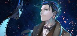  1boy blue_hair bow bowtie fate/grand_order fate_(series) formal_clothes game_cg green_eyes hair_slicked_back jacket male_focus official_art sherlock_holmes_(fate) shirt short_hair smile solo spoilers third-party_source yamanaka_kotetsu 