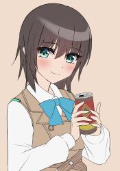  1girl aoi_erika aqua_eyes black_hair blush brown_background brown_vest can canned_coffee closed_mouth collared_shirt commentary drink_can eyes_visible_through_hair flat_color hair_between_eyes hands_up heaven_burns_red highres holding holding_can long_sleeves looking_at_viewer medium_hair mok_kan shirt simple_background smile solo split_mouth upper_body vest white_shirt 