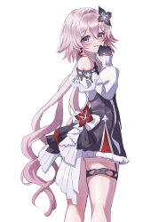  1girl absurdres bare_shoulders black_dress black_flower black_gloves blue_eyes commentary_request dress earrings evernight_(honkai:_star_rail) flower gloves hair_between_eyes hair_flower hair_ornament hairclip hand_up highres honkai:_star_rail honkai_(series) jewelry long_hair looking_at_viewer march_7th_(honkai:_star_rail) multicolored_eyes parallel_hairclips parted_lips pink_eyes pink_hair rumi_(xafv5772) self-borrowed_hairstyle self_cosplay simple_background single_earring smile solo thigh_strap two-tone_eyes very_long_hair white_background 