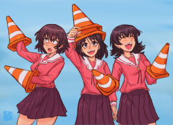  3girls :d ^_^ alt_text arm_up artist_name azumanga_daioh azumanga_daioh's_school_uniform blue_background brown_eyes closed_eyes commentary cowboy_shot english_commentary highres kagura_(azumanga_daioh) kasuga_ayumu long_sleeves looking_up multiple_girls pink_shirt pleated_skirt sailor_collar school_uniform serafuku shirt simple_background skirt smile standing subzerofrog takino_tomo traffic_cone traffic_cone_on_head v-shaped_eyebrows white_sailor_collar winter_uniform 