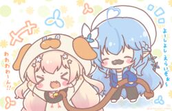  >_< +++ 2girls :d ^_^ ahoge animal_costume animal_ears animal_hood arms_up bell beret black_pants blonde_hair blue_hair blue_jacket blush_stickers chibi closed_eyes commentary_request dog_costume dog_ears dog_hood fake_animal_ears fake_facial_hair fake_mustache fang floral_background flower hair_flower hair_ornament hat heart heart_ahoge highres holding holding_leash hololive hood hood_down hood_up hooded_jacket jacket jingle_bell leash long_hair long_sleeves mitarashi_neko momosuzu_nene multicolored_hair multiple_girls neck_bell notice_lines open_clothes open_jacket pants puffy_long_sleeves puffy_sleeves shirt shoes smile streaked_hair striped_clothes striped_shirt translation_request two_side_up very_long_hair virtual_youtuber white_background white_flower white_hat white_shoes xd yukihana_lamy 