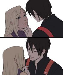  1boy 1girl absurdres black_eyes black_hair black_jacket blonde_hair blue_eyes blush couple hair_over_one_eye height_difference highres imminent_kiss jacket lips lipstick long_hair looking_at_another makeup messy_hair narrowed_eyes naruto:_the_last naruto_(series) naruto_shippuuden pale_skin parted_lips pink_lips purple_shirt sai_(naruto) shirt sleeveless sleeveless_shirt white_background xmonday_mintx yamanaka_ino 