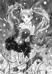 1girl animal_ears bare_shoulders blush boots cocktail_glass confetti dress elbow_gloves garters glass gloves highres jumping long_hair looking_at_viewer monochrome open_mouth original panties rabbit_ears smile solo thigh-highs thigh_boots twintails underwear very_long_hair yui_toshiki 