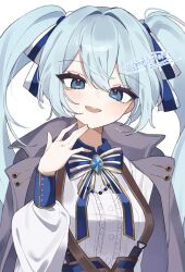  1girl black_survival blue_eyes blue_hair blue_ribbon brown_coat coat coat_on_shoulders commentary_request elena_jarvinen eternal_return:_black_survival gold_ribbon hair_between_eyes hair_ribbon hand_on_own_chin highres korean_commentary light_smile long_hair looking_at_viewer lumia_riri multicolored_ribbon official_alternate_costume official_alternate_hairstyle open_mouth ribbon simple_background solo white_background white_ribbon 