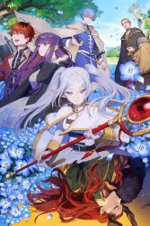  2girls 5boys absurdres axe beard belt belt_buckle black_belt black_eyes blue_eyes blue_flower blue_hair brown_eyes buckle calm_calm cape closed_mouth coat commentary_request demon demon_boy demon_horns dress dwarf earrings eisen_(sousou_no_frieren) elf facial_hair fake_horns fern_(sousou_no_frieren) flower frieren full_beard glasses green_eyes green_hair heiter helmet highres himmel_(sousou_no_frieren) holding holding_staff horned_helmet horns jacket jewelry large_horns long_beard long_hair macht_(sousou_no_frieren) mage_staff mole mole_under_eye multiple_boys multiple_girls open_mouth outdoors pointy_ears priest purple_hair red_cape red_eyes red_hair red_jacket short_hair sousou_no_frieren staff stark_(sousou_no_frieren) sword teardrop_earrings violet_eyes weapon white_cape white_dress white_hair 