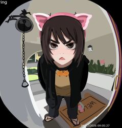  1girl animal_ears bell black_coat blush bow brown_hair cat_tail coat commentary day door doorbell_chud_(meme) doormat doorway english_commentary fake_animal_ears feet flower headband highres kurokimoko leaning_forward medium_hair meme nakahara_misaki neck_bell nhk_ni_youkoso! pants pink_headband plant pov_peephole sandals shirt solo tail tail_bow tail_ornament timestamp triangle_mouth welcome_mat yellow_shirt 