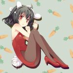  black_hair bunny_costume bunny_ears bunnysuit doriruman flat_chest high_heels inaba_tewi pantyhose rabbit_ears red_eyes shoes short_hair solo taupe_pantyhose touhou 