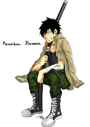  1boy aged_down arm_on_own_leg bandage_on_cheek bandage_on_face bandaged_arm bandages black_boots black_hair black_shirt boots brown_jacket camouflage camouflage_pants cargo_pants character_name commentary dbs&amp;n dirty dirty_face dog_tags elbow_on_leg facing_to_the_side gangsta green_pants highres holding holding_jewelry holding_necklace holding_sheath injury invisible_chair jacket jacket_on_shoulders jewelry looking_ahead male_focus necklace nicolas_brown open_clothes open_jacket pants sheath sheathed shirt sitting unworn_jacket white_background 