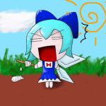  blue_hair bow chibi cirno food ice_cream lowres ribbon solo touhou wings 