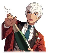  1boy alcohol blue_eyes bottle champagne collared_shirt dark-skinned_male dark_skin earrings formal_clothes game_cg happy_elements helios_rising_heroes holding holding_bottle jacket jewelry male_focus necktie non-web_source official_alternate_costume official_art open_mouth oscar_bale red_jacket ring shirt short_hair solo suit transparent_background upper_body vest white_hair white_shirt 