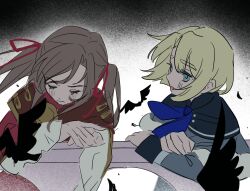 1boy 1girl artist_request bad_id bad_twitter_id bird blonde_hair blue_eyes brown_hair closed_eyes couple crow dimitri_alexandre_blaiddyd dimitri_alexandre_blaiddyd_(young) dress edelgard_von_hresvelg edelgard_von_hresvelg_(young) feathers fire_emblem fire_emblem:_three_houses hair_between_eyes hetero highres leaning_forward leaning_to_the_side looking_to_the_side open_mouth too_many too_many_birds twintails upper_body 