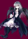  crossed_legs gothic hand_on_hip high_heels long_hair maid_headdress pale_skin purple_eyes raised_eyebrow red_eyes rozen_maiden shoes silver_hair simple_background sitting solo suigintou wings 
