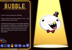  1boy :d alternate_costume alternate_universe black_eyes black_hat bow bubble bubble_(the_amazing_digital_circus) burrotello character_name character_profile commentary english_text floating glasses gold_teeth hat highres male_focus mini_eyewear mini_hat mini_top_hat open_mouth red_bow sharp_teeth smile solo teeth the_amazing_digital_circus tongue top_hat untranslatable_commentary yellow-framed_eyewear 
