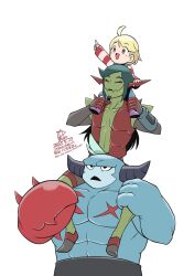  1girl 2boys blonde_hair carrying commentary_request crab_claw cross_scar golan_(meg's_monster) green_hair highres horns looking_to_the_side looking_up meg's_monster meg_(meg's_monster) monster_boy multiple_boys on_shoulder open_mouth paruko_(baalbeel11) pointing pointing_up roy_(meg's_monster) scar scar_on_chest shoulder_carry signature smile striped_clothes sweat white_background 