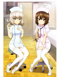  2girls absurdres aoyagi_akira arm_support artist_name blue_eyes breasts brown_eyes brown_hair closed_mouth copyright_name copyright_notice dress full_body girls_und_panzer hair_between_eyes hand_on_own_chest hand_on_own_thigh hand_up hat highres holding holding_stethoscope holding_syringe indoors infirmary itsumi_erika knees_together_feet_apart light_smile looking_at_viewer magazine_scan mc_axis medium_breasts medium_hair multiple_girls nishizumi_maho nurse nurse_cap official_art scan shoes short_dress sitting stethoscope syringe thigh-highs third-party_source white_dress white_shoes white_thighhighs 