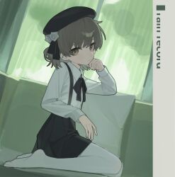  1girl ar2a beret black_skirt bow bowtie brown_eyes brown_hair collared_shirt commentary couch elbow_rest english_commentary flower full_body hat hat_flower hatoba_tsugu head_rest long_sleeves looking_at_viewer overalls pillow seiza shirt short_hair sitting skirt solo tsugu_(vtuber) white_shirt 