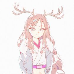 1girl antlers ayatsumugi_roka blush brown_hair cho_kaguya-hime! closed_mouth commentary_request crop_top grey_eyes grey_jacket horns jacket long_hair midriff multicolored_hair navel open_clothes open_jacket purple_streaks simple_background solo streaked_hair tika_yuduki upper_body white_background 