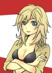  blue_eyes bra crossed_arms eva lingerie mayuzumi metal_gear metal_gear_solid metal_gear_solid_3 open_clothes open_shirt shirt sleeves_rolled_up smile underwear 