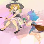  2girls bad_id blonde_hair blue_hair broom broom_riding cirno frog hat kirisame_marisa multiple_girls ribbon touhou wings 